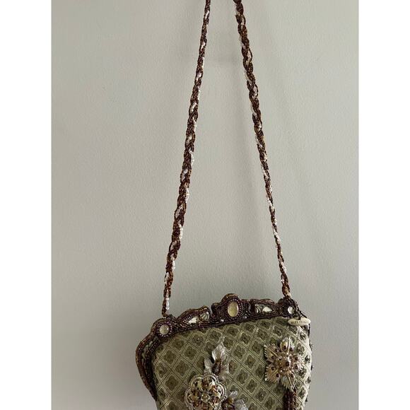 Mary Frances Green & Gold Floral Beaded Hard Case Hand Bag Purse Embellished JL - Picture 3 of 16